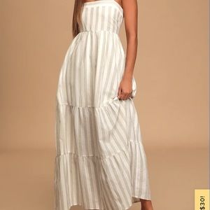 Beige and Grey Striped Tiered Maxi Dress